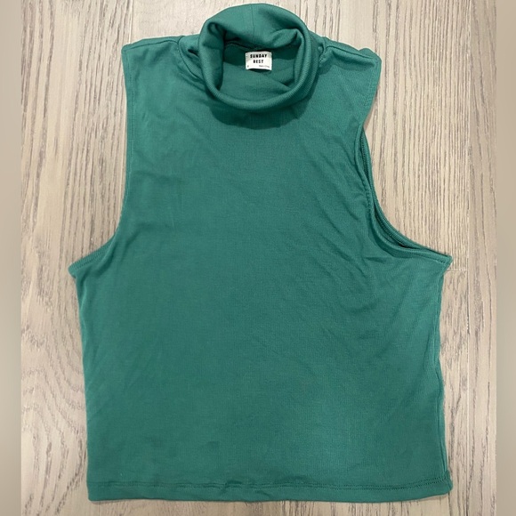 Aritzia Sunday Best Ribbed Mock Neck Green Crop Sleeveless Basic Top Size Small - Picture 1 of 6